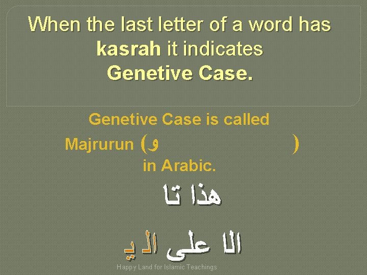 When the last letter of a word has kasrah it indicates Genetive Case is