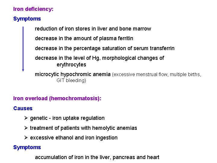 Iron deficiency: Symptoms reduction of iron stores in liver and bone marrow decrease in