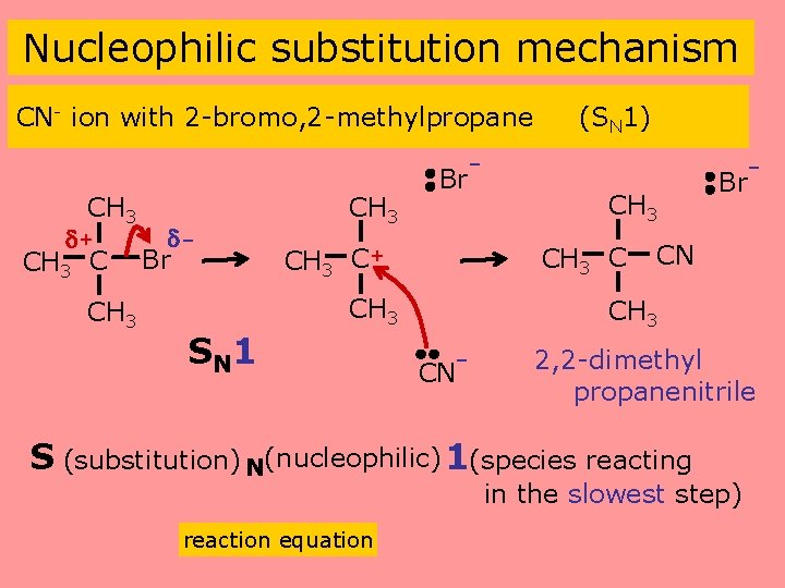 Nucleophilic substitution mechanism CN- ion with 2 -bromo, 2 -methylpropane (SN 1) - CH