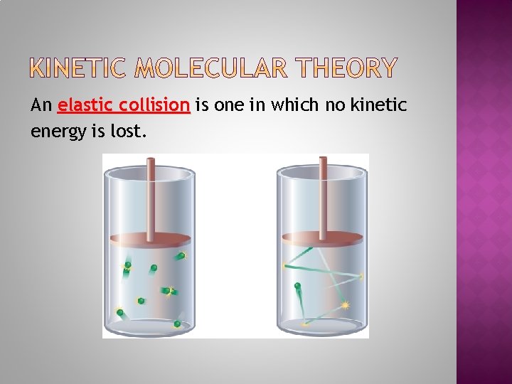 An elastic collision is one in which no kinetic energy is lost. 