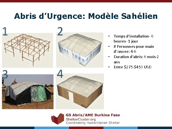 Abris d’Urgence: Modèle Sahélien 1 2 3 4 • Temps d’installation- 6 heures- 1