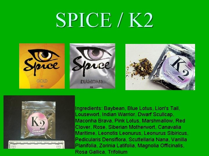 SPICE / K 2 Ingredients: Baybean, Blue Lotus, Lion's Tail, Lousewort, Indian Warrior, Dwarf