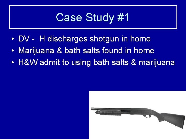 Case Study #1 • DV - H discharges shotgun in home • Marijuana &