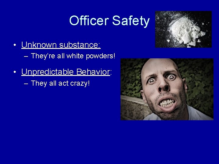 Officer Safety • Unknown substance: – They’re all white powders! • Unpredictable Behavior: –