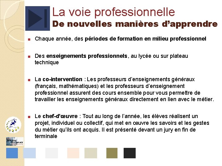 La voie professionnelle De nouvelles manières d’apprendre ■ Chaque année, des périodes de formation