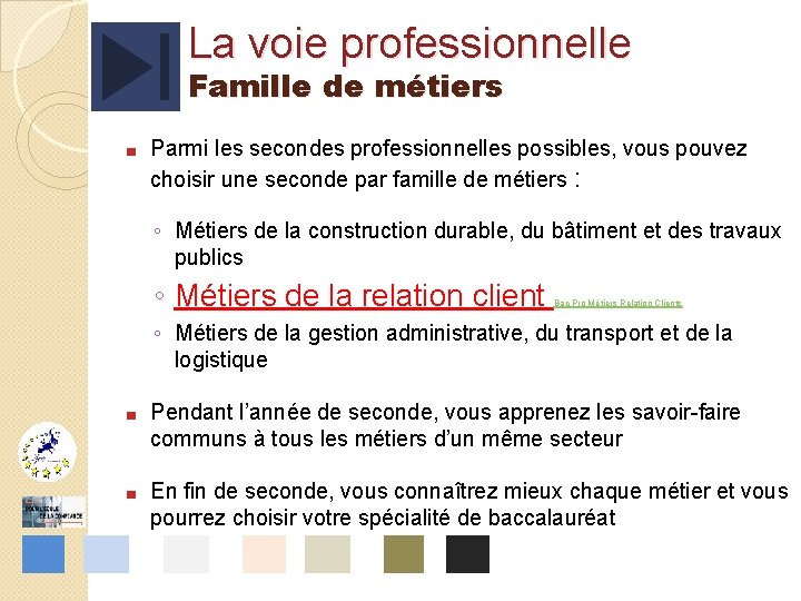 La voie professionnelle Famille de métiers ■ Parmi les secondes professionnelles possibles, vous pouvez