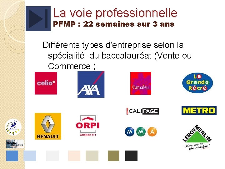 La voie professionnelle PFMP : 22 semaines sur 3 ans Différents types d’entreprise selon