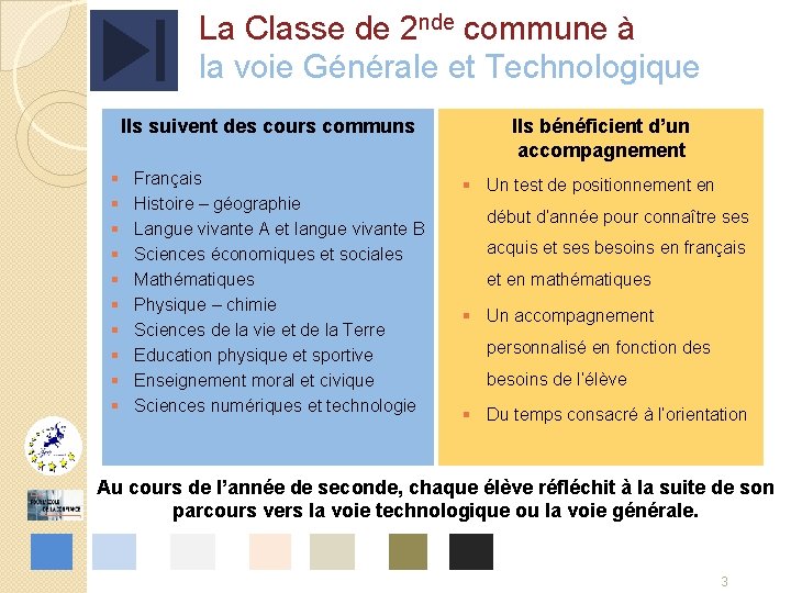 La Classe de 2 nde commune à la voie Générale et Technologique Ils suivent