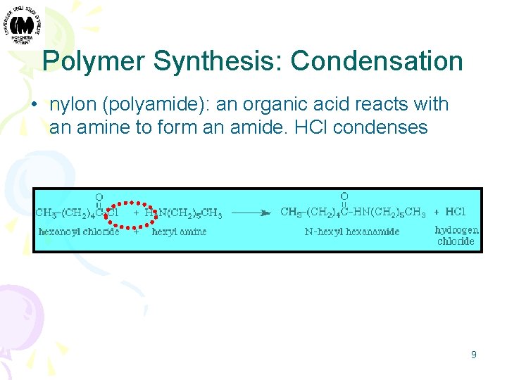 Polymer Synthesis: Condensation • nylon (polyamide): an organic acid reacts with an amine to