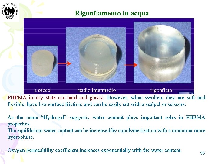 Rigonfiamento in acqua PHEMA in dry state are hard and glassy. However, when swollen,