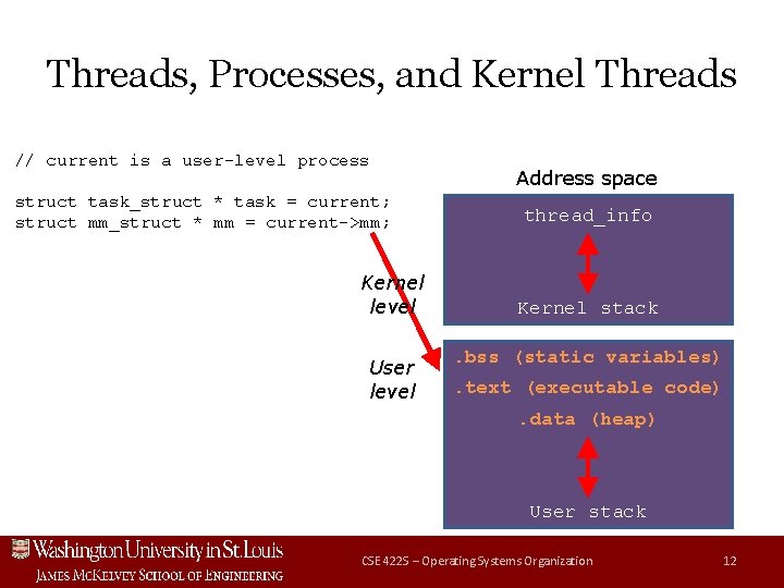Threads, Processes, and Kernel Threads // current is a user-level process struct task_struct *
