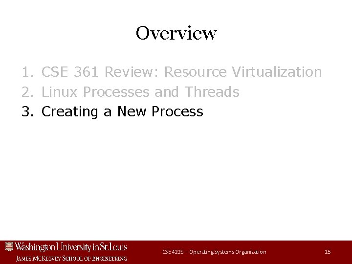 Overview 1. CSE 361 Review: Resource Virtualization 2. Linux Processes and Threads 3. Creating