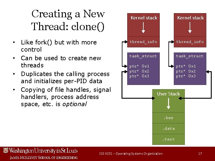 Creating a New Thread: clone() • Like fork() but with more control • Can
