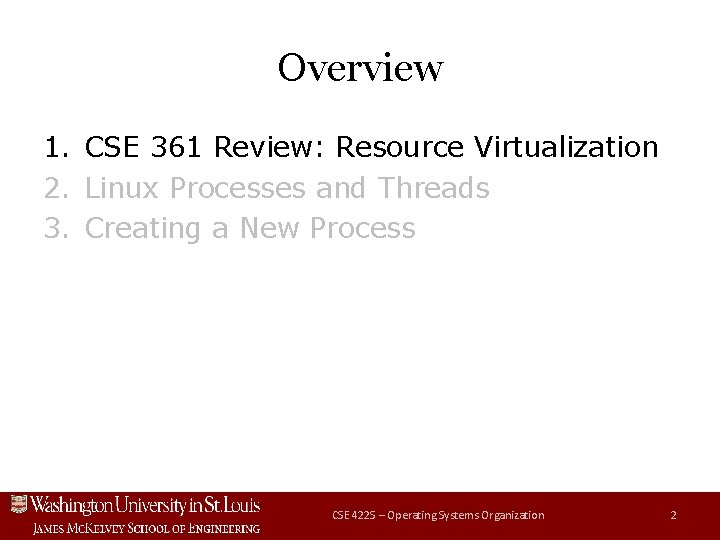 Overview 1. CSE 361 Review: Resource Virtualization 2. Linux Processes and Threads 3. Creating