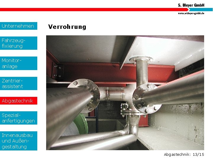 Unternehmen Verrohrung Fahrzeugfixierung Monitoranlage Zentrierassistent Abgastechnik Spezialanfertigungen Innenausbau und Außengestaltung Abgastechnik: 13/15 