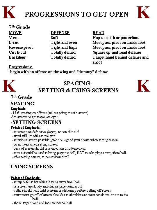 K PROGRESSIONS TO GET OPEN K 7 th Grade MOVE V-cut L-cut Reverse pivot