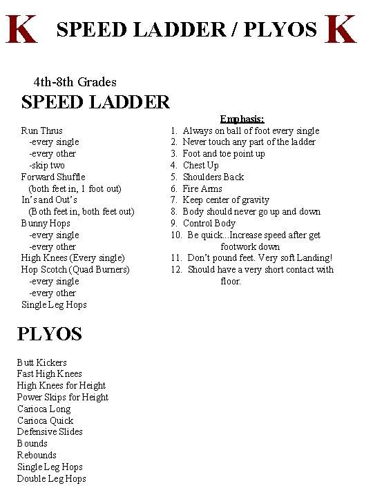 K SPEED LADDER / PLYOS K 4 th-8 th Grades SPEED LADDER Run Thrus