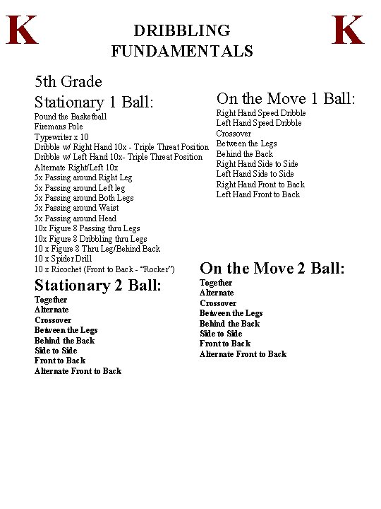 K DRIBBLING FUNDAMENTALS 5 th Grade Stationary 1 Ball: On the Move 1 Ball: