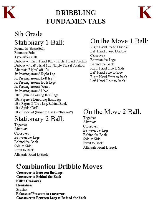 K DRIBBLING FUNDAMENTALS 6 th Grade Stationary 1 Ball: On the Move 1 Ball: