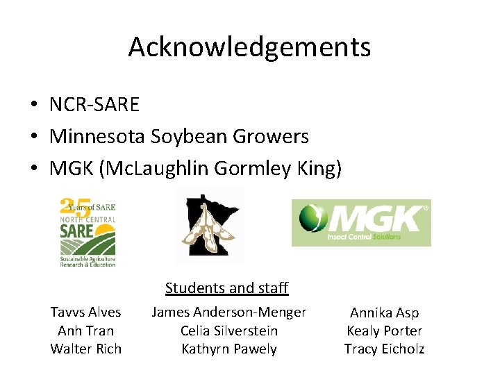 Acknowledgements • NCR-SARE • Minnesota Soybean Growers • MGK (Mc. Laughlin Gormley King) Students