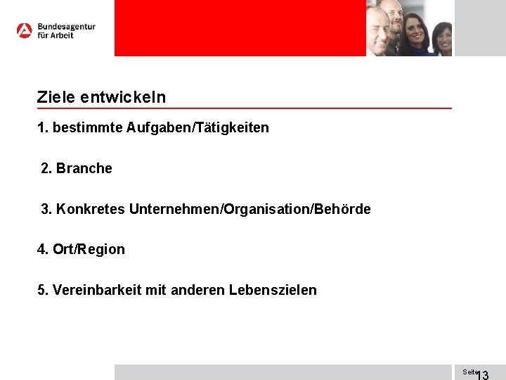 Ziele entwickeln 1. bestimmte Aufgaben/Tätigkeiten 2. Branche 3. Konkretes Unternehmen/Organisation/Behörde 4. Ort/Region 5. Vereinbarkeit