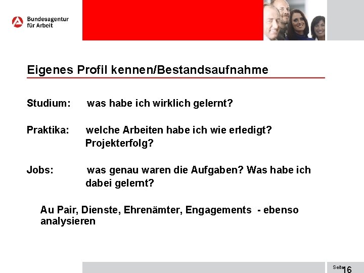 Eigenes Profil kennen/Bestandsaufnahme Studium: was habe ich wirklich gelernt? Praktika: welche Arbeiten habe ich