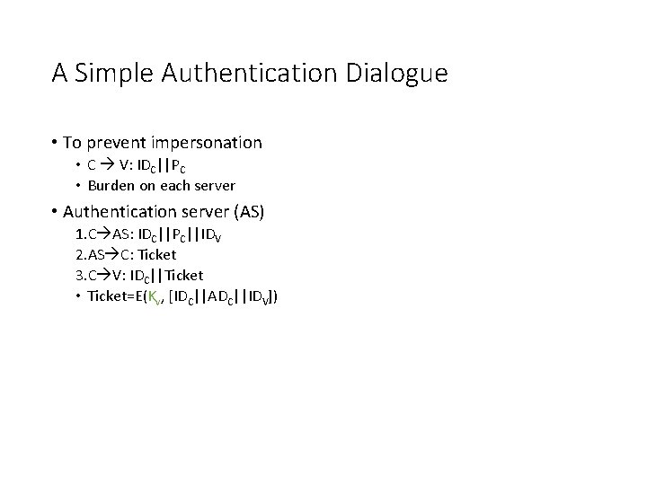 A Simple Authentication Dialogue • To prevent impersonation • C V: IDC||PC • Burden