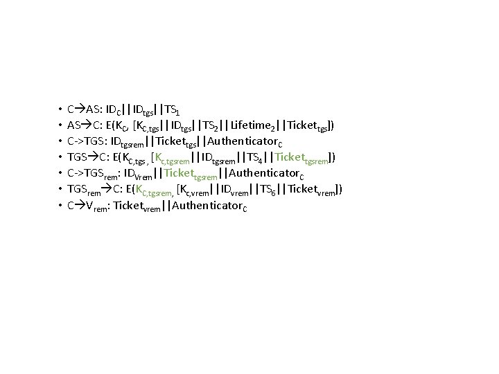  • • C AS: IDC||IDtgs||TS 1 AS C: E(KC, [KC, tgs||IDtgs||TS 2||Lifetime 2||Tickettgs])