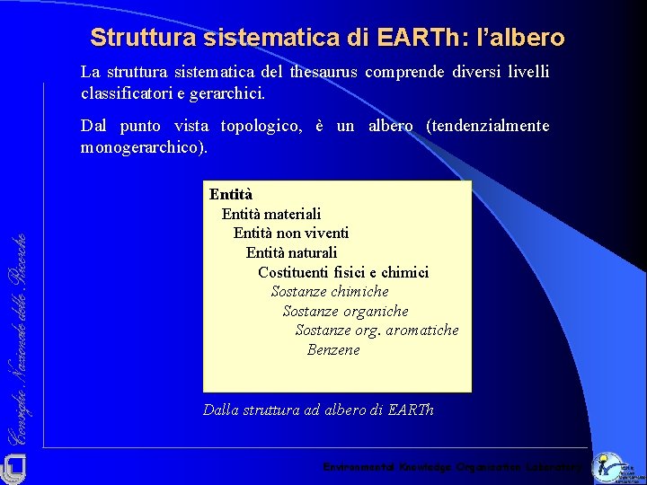Struttura sistematica di EARTh: l’albero La struttura sistematica del thesaurus comprende diversi livelli classificatori