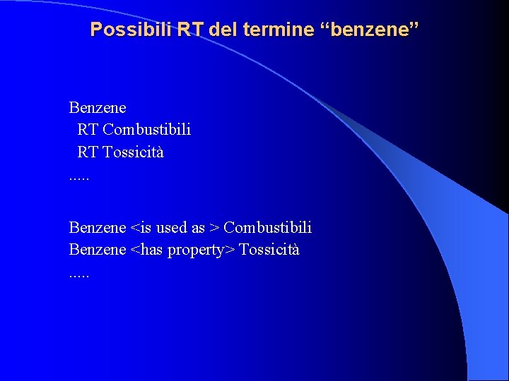 Possibili RT del termine “benzene” Benzene RT Combustibili RT Tossicità. . . Benzene <is