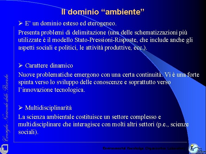 Il dominio “ambiente” Ø E’ un dominio esteso ed eterogeneo. Presenta problemi di delimitazione