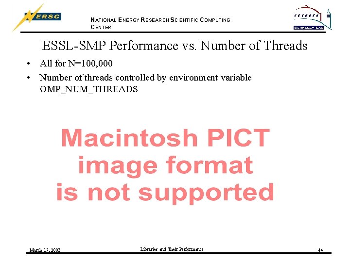 NATIONAL ENERGY RESEARCH SCIENTIFIC COMPUTING CENTER ESSL-SMP Performance vs. Number of Threads • All