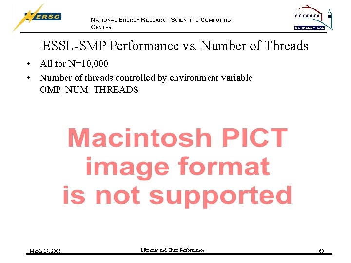 NATIONAL ENERGY RESEARCH SCIENTIFIC COMPUTING CENTER ESSL-SMP Performance vs. Number of Threads • All