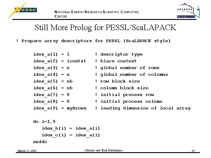 NATIONAL ENERGY RESEARCH SCIENTIFIC COMPUTING CENTER Still More Prolog for PESSL/Sca. LAPACK ! Prepare