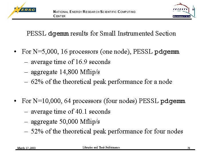 NATIONAL ENERGY RESEARCH SCIENTIFIC COMPUTING CENTER PESSL dgemm results for Small Instrumented Section •