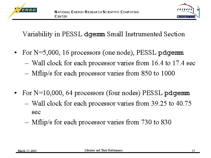 NATIONAL ENERGY RESEARCH SCIENTIFIC COMPUTING CENTER Variability in PESSL dgemm Small Instrumented Section •