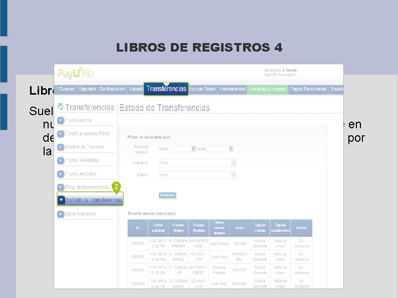 LIBROS DE REGISTROS 4 Libro de registro de transferencias Suele ser utilizado por las