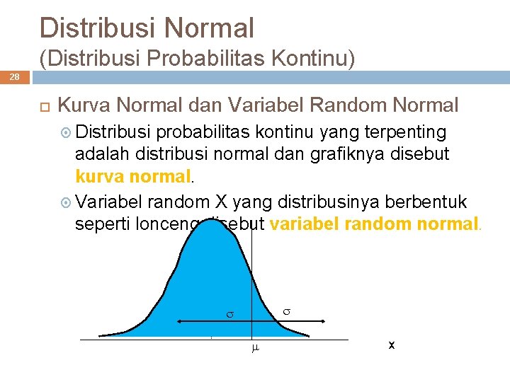 Distribusi Normal (Distribusi Probabilitas Kontinu) 28 Kurva Normal dan Variabel Random Normal Distribusi probabilitas