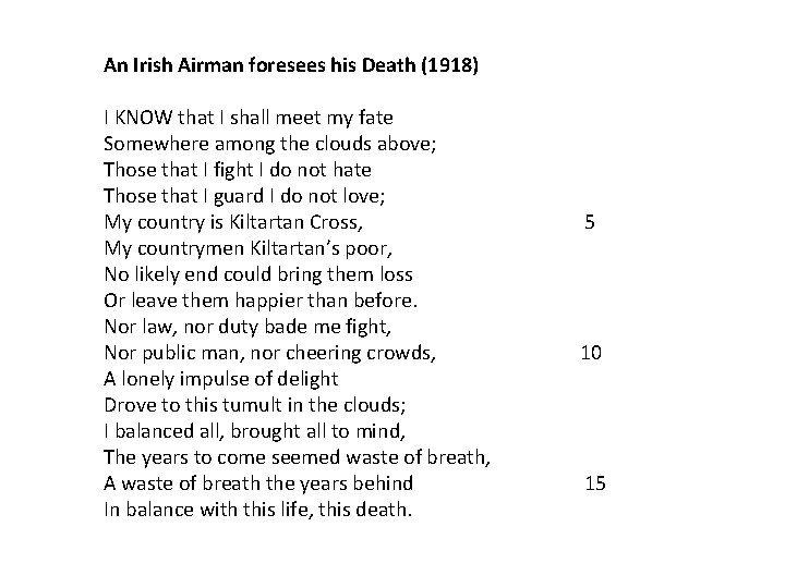 An Irish Airman foresees his Death (1918) I KNOW that I shall meet my