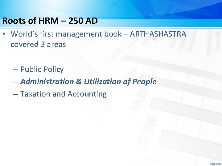 Roots of HRM – 250 AD • World’s first management book – ARTHASHASTRA covered Roots of HRM – 250 AD • World’s first management book – ARTHASHASTRA covered