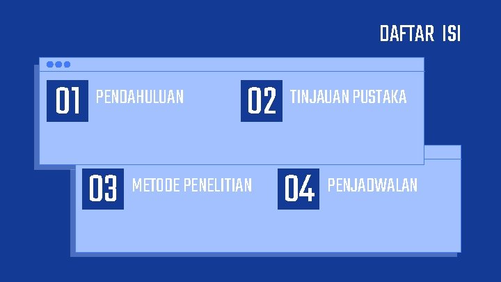 DAFTAR ISI 01 PENDAHULUAN 03 02 METODE PENELITIAN TINJAUAN PUSTAKA 04 PENJADWALAN 