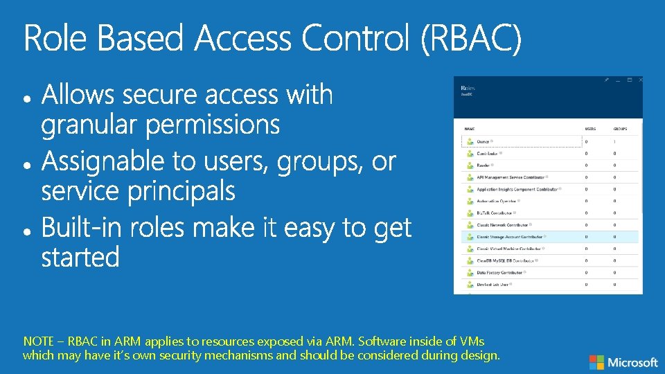 NOTE – RBAC in ARM applies to resources exposed via ARM. Software inside of