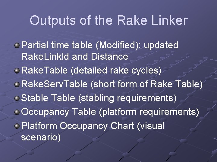 Outputs of the Rake Linker Partial time table (Modified): updated Rake. Link. Id and