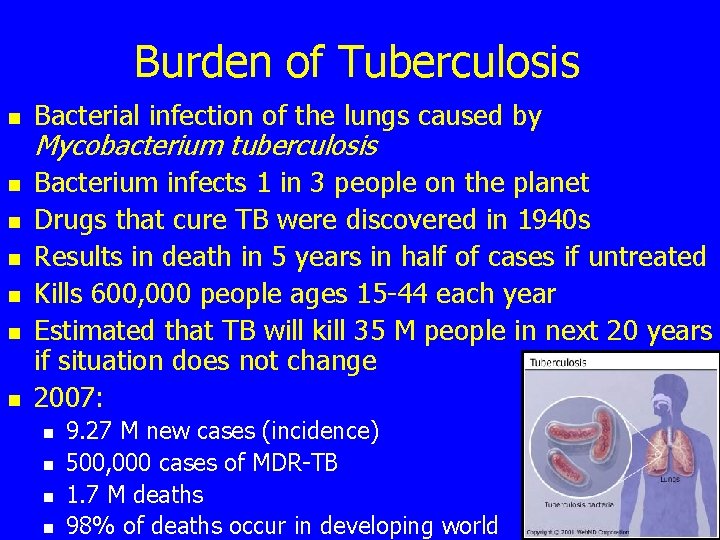 Burden of Tuberculosis n n n n Bacterial infection of the lungs caused by