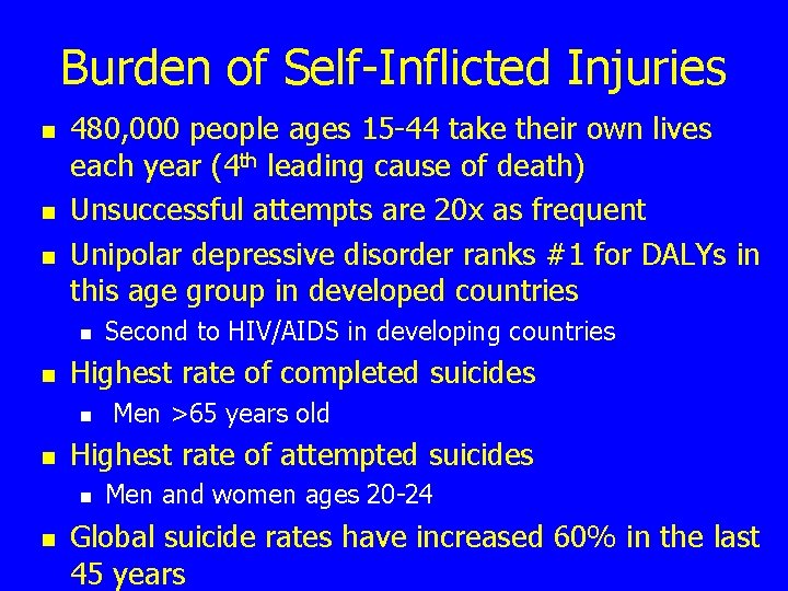Burden of Self-Inflicted Injuries n n n 480, 000 people ages 15 -44 take