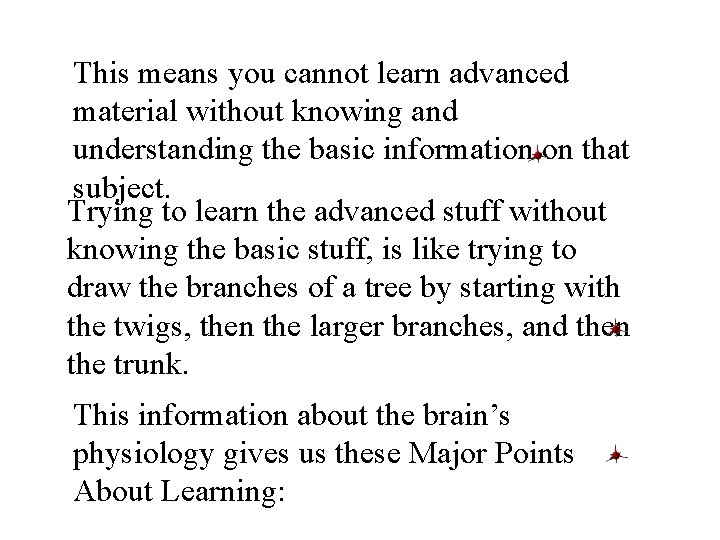 This means you cannot learn advanced material without knowing and understanding the basic information