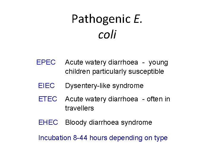 Pathogenic E. coli EPEC Acute watery diarrhoea - young children particularly susceptible EIEC Dysentery-like