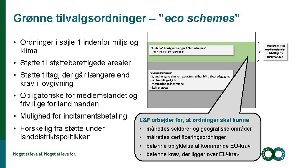 Grønne tilvalgsordninger – ”eco schemes” • Ordninger i søjle 1 indenfor miljø og klima