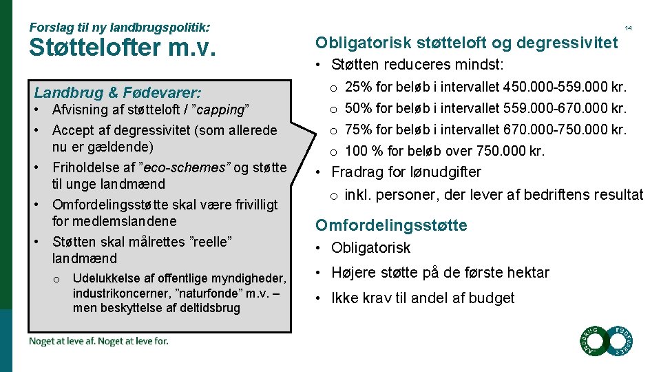 Forslag til ny landbrugspolitik: Støttelofter m. v. Landbrug & Fødevarer: • Afvisning af støtteloft