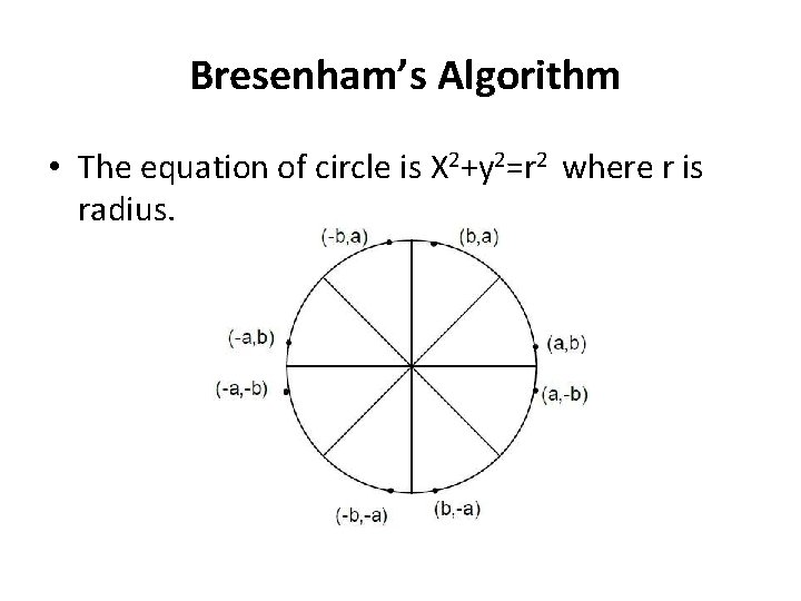 Bresenham’s Algorithm • The equation of circle is X 2+y 2=r 2 where r Bresenham’s Algorithm • The equation of circle is X 2+y 2=r 2 where r
